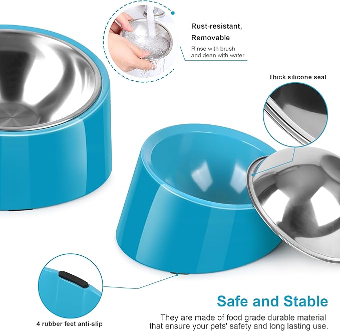 Tilted Dog Bowl Non-Slip & Non-Spill Pet Feeder with Elevated Detachable Melamine Stand, Easy to Get Food Dog Dish, S/100ml Blue