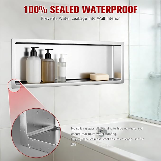 No Tile Needed Shower Niche 12"X 36", Bathroom Wall Niche Single Shelf, Stainless Steel Shower Niche for Bathroom, Kitchens, Balconies