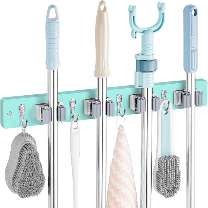 Turquoise Mop Broom Holder Wall Mount with 4 Slots & 4 Hooks - Wood Broom Mop Hanger for Pantry Closet Laundry Room Organization - for Teal Kitchen Decor and Accessories