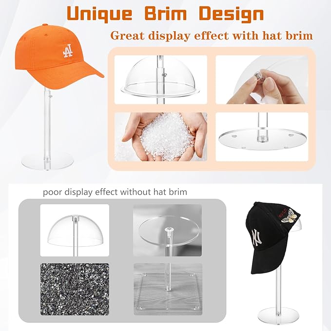 Hat Display Stands, 8" to 16" Adjustable Height Acrylic Cowboy Hat Holder Stand, Clear Durable Domed Baseball Cap Holder Hat Rack with Brim, Wig Holder Display Stands for Vendors Salons Closet
