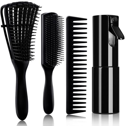 4pcs Curly Hair Brush Set for Adult & Kids Wet or Dry, Detangling Brush for 3/4ABC Hair with Detangler Spray Bottle & Wide Tooth Comb (3+1, Black)
