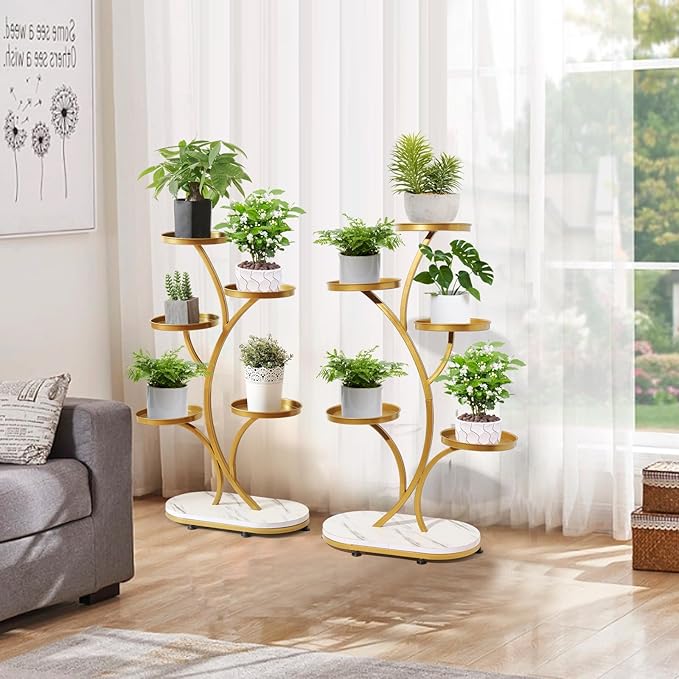 Golden 5 Tier Wood Metal Tall Shelf Multiple Plant Holders Plant Stand for Indoor, Outdoor, Corner, Living Room, Balcony, and Bedroom