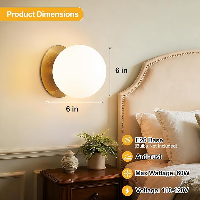 2 Pack Gold Wall Sconces Set of Two,Modern Bathroom Sconces with Milky Globe Glass, Sconces Wall Decor Set of 2 Wall Light for Bathroom Mirror Living Room Hallway (Bulbs not Included)