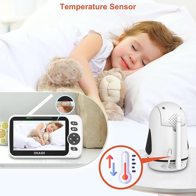 OKAIDI Video Baby Monitor with 4 Cameras, 5" Display Baby Monitor No WiFi, 30H Battery and 1000ft Range, 2-Way Talk, 8 Lullabies, Remote Pan-Tilt-Zoom Baby Camera for Baby Pet Elderly