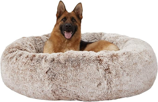 Bedfolks Calming Donut Dog Bed, 45 Inch Round Plush Bed for Extra Large Dogs, Anti-Anxiety, Washable with Non-Slip Bottom (Brown, Extra Large)