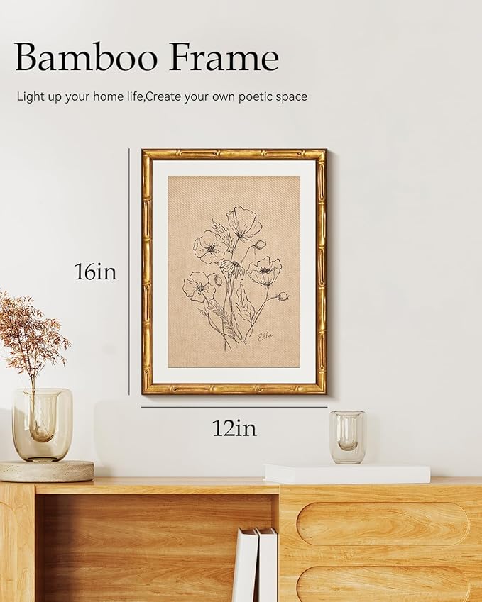 Vintage Gold Framed Canvas Wall Art 12x16 Inches Minimalist Botanical Line Art Flower Illustration, Neutral Beige Sketch Boho Floral Drawing Artwork, Modern Bedroom Bathroom Decor Gift