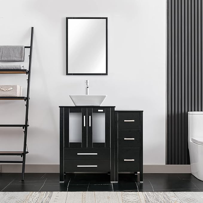 eclife 36" Modern Bathroom Vanity Sink Combo Freestanding Cabinet with Small Side Cabinet, White Square Ceramic Vessel Sink, Water Save Faucet, Drain (Black+A07)