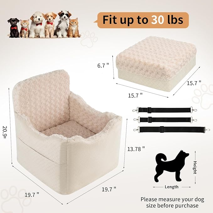 Dog Car Seat for Small Medium Dogs - 6.7inch Elevated Dog Booster Car Seats with Deluxe Rose Plush, Washable Travel Safety Pet Carseat Bed with 2 Safety Belts and Storage Pockets(Beige)