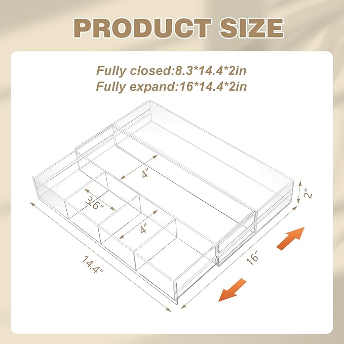 1 Pcs Acrylic Desk Drawer Organizer 2 Inch Height Expandable Drawer Organizer Trays with 7 Adjustable Compartments Desk Accessories for Makeup Silverware Office Bathroom(Clear)