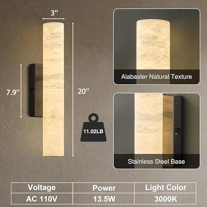 Alabaster Wall Sconces, 20" Black Wall Sconce, Modern Bathroom Sconces Wall Lighting, Cylinder Spanish Marble Wall Sconce Perfect for Living Room, Bedroom, Hallway, Stairs