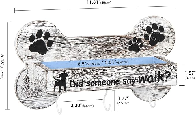 J JACKCUBE DESIGN Rustic White Bone Shape Wall Mounted Dog Leash Holder with 3 Key Holder Hooks and Extra Storage Compartment Box Shelf for Pet Treats, Accessories and more - MK679A