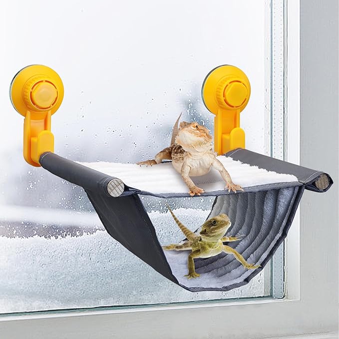 BNOSDM Bearded Dragon Windows Perch Reptile Hammock with Strong Suction Cups Soft Warm Lizards Bed Double Layered Cage Accessories for Chameleon Geckos Snakes Grey Flannel 9''x 7.2''x 4.7''