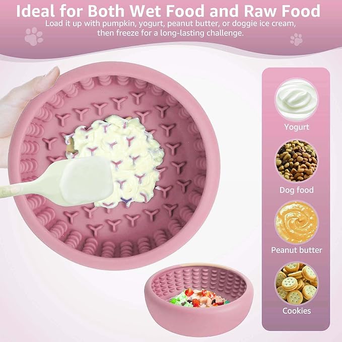 Dog Lick Bowl, ZOURYNUA Non-Slip Slow Feeder Dog Bowls, Enrichment Licking Mat for Distraction, Anxiety Relief Treat Dispenser Freezer, BPA Free Silicone & Dishwasher Safe (Pink, Large)