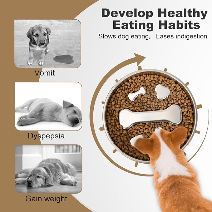 Slow Feeder Dog Bowls,Non-Slip Base Stainless Steel Pet Food Bowls,2 Cups Metal Dog Slow Feeder Bowl for Large Medium Breed,Double-Sided