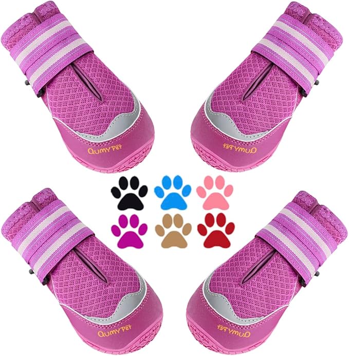 QUMY 4PCS Dog Boots for Large Dogs, Medium Dog Shoes & Paw Protectors for Hot Pavement, Summer Heat Protection, Mesh Breathable Nonslip Dog Booties for Hardfloors, Walking Running Hiking Purple Size 8