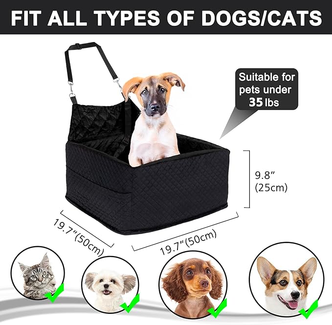 Memory Foam Dog Car Seat for Small/Medium Dogs,Travel Booster Seat for Dogs up to 35 lbs, Washable Removable Cover & Storage Pockets, Comfortable & Safe Car Seat for Pet Travel