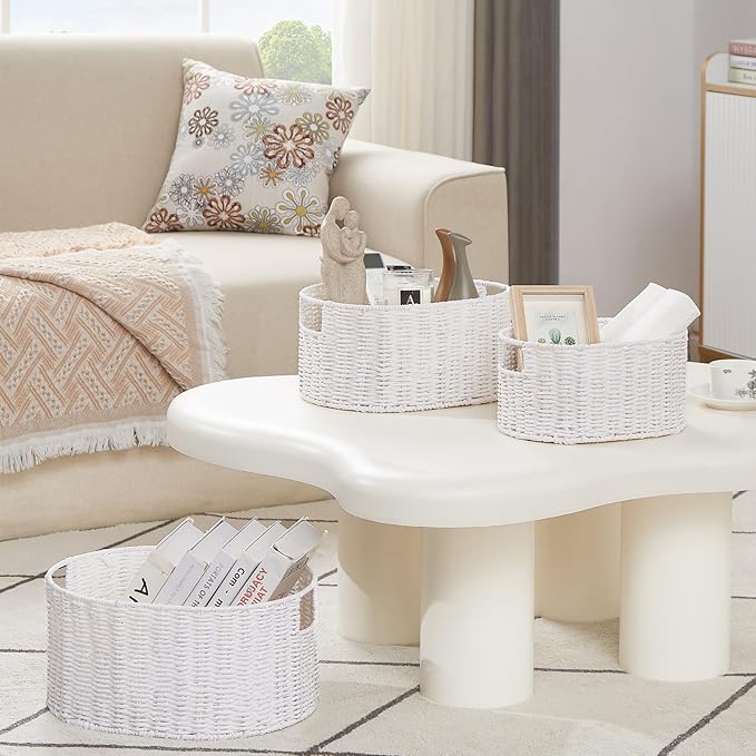 Vagusicc Wicker Storage Basket, Set of 3 Hand-Woven Paper Rope Storage Baskets for Organizing, Round Storage Basket With Handles, Large Wicker Storage Organizer Bins Baskets for Shelves & Decor, White