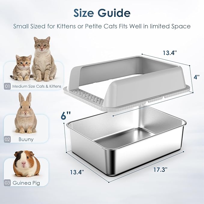 17.3"x13.4"x15" Stainless Steel Cat Litter Box with Lid, 6" High Kitty Litter Box for Kittens & Small Pets, Semi-Enclosed Metal Litter Box for Leak Proof, Easy-Clean Non-Stick, Odor Control