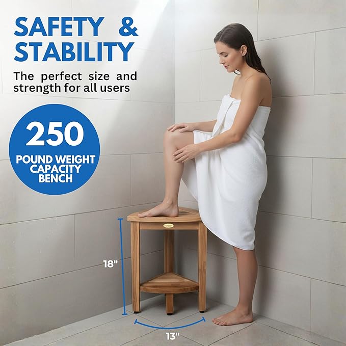 EcoDecors Snazzy Corner Waterproof Teak Wood Shower Bench Stool Seat Chair For Inside Shower Provides Safety, Storage, and Organization For Bathroom Accessories