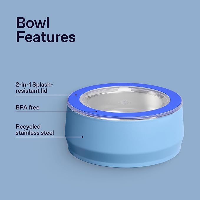 STANLEY Pet Bowl | 6-Cup (48 oz) Insulated Stainless Steel Dog & Cat Bowl | Splash-Resistant Lid | Dishwasher Safe | BPA-Free | Blue Sky
