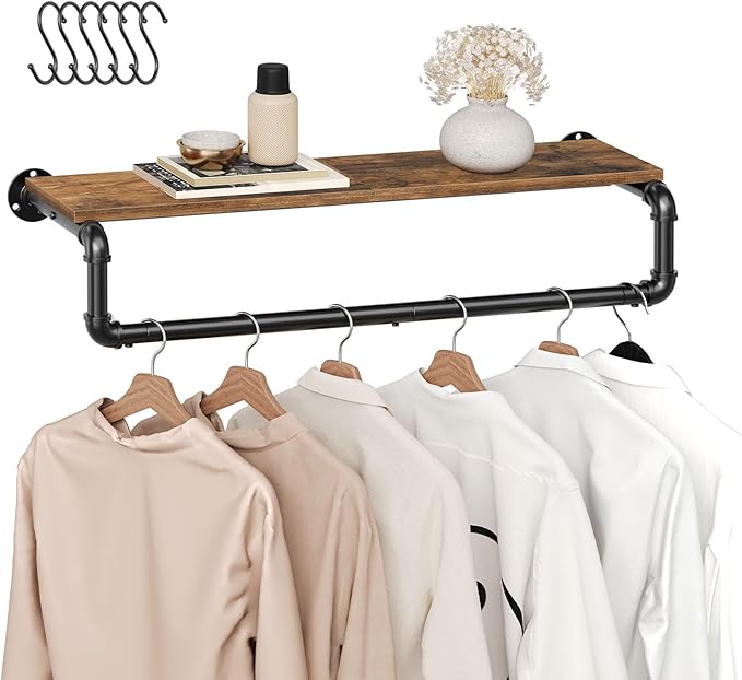 Pipe Clothes Rack, 31.5 in Wall Mounted Garment Rack with Top Shelf, Industrial Clothing Rack with Hanging Rod, Heavy Duty Detachable, Space Saver Hanging Clothes Rack, Rustic Brown FS08BRY1