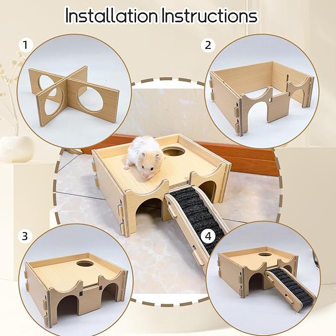 Wooden Hamster Hideout,Multi-Chamber Hamster House with Stair,Small Animal Explore Hide Hut Habitats Decor Accessories for Rat,Gerbil, Dwarf Hamsters, Mice