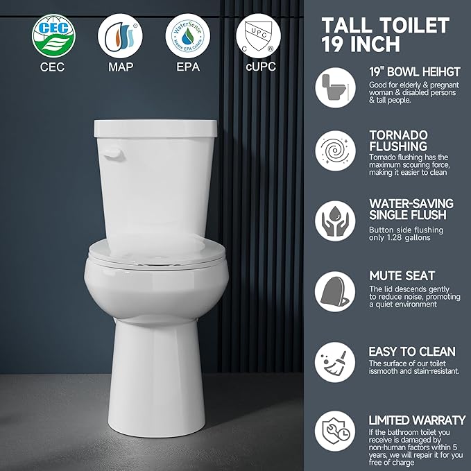 Compact Tall Toilet 19 Inch for Small Bathroom Space 1.28 GPF Tornado Single Flush - Two Piece Comfort ADA High Toilet for Seniors, 19 Inch Bowl Height, 20 Inch Seat Height, 12" Rough In,White