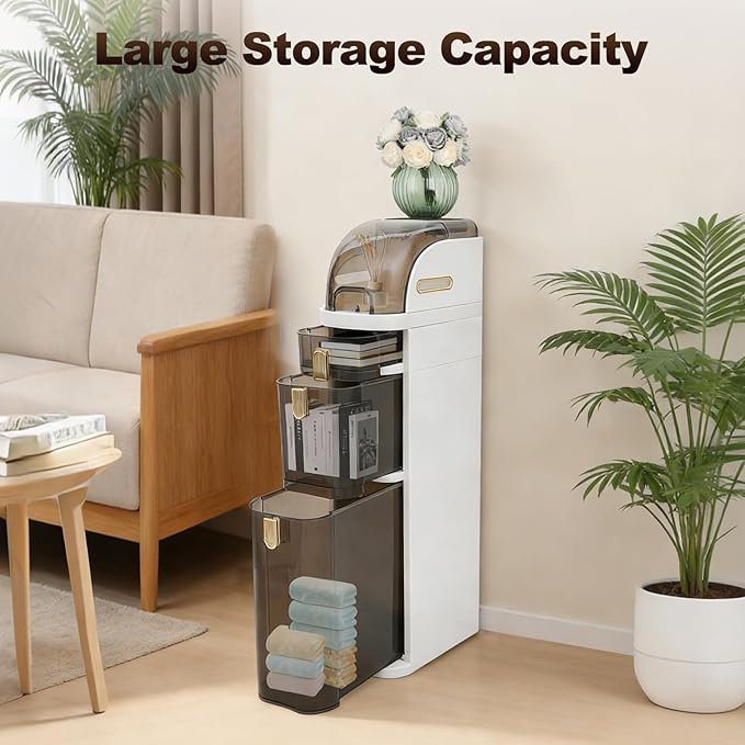 3 Drawers Bathroom Floor Organizer Cabinet,Free Standing Cabinet w/4 Removable Wheels,Narrow Slim Storage Rack for Small Spaces,Bathroom,Kitchen,Laundry