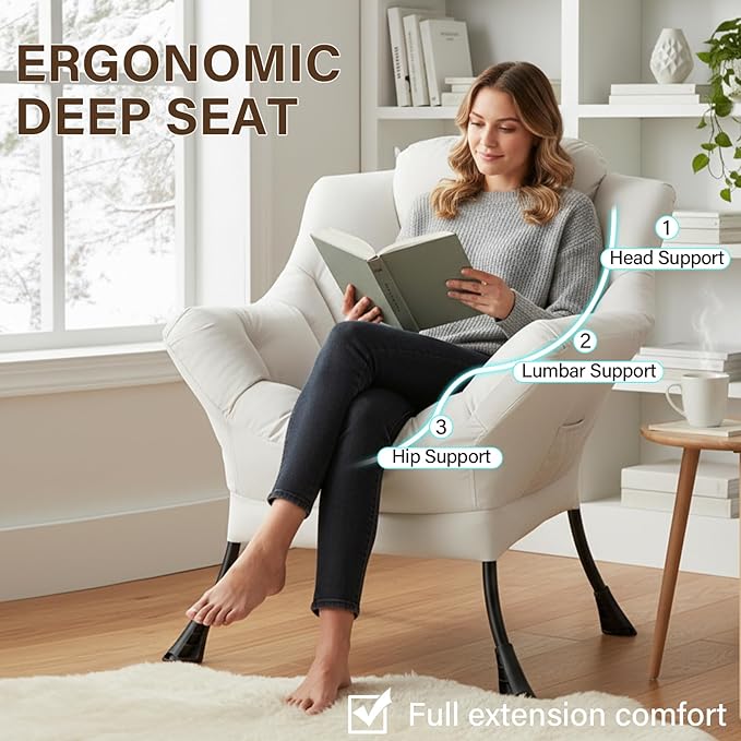 Welnow Lazy Chair for Living Room, Modern Reading Lounge Accent Chair with Armrests and a Side Pocket, Leisure Upholstered Lazy Sofa for Small Space, Bedroom, Dorm, Beige