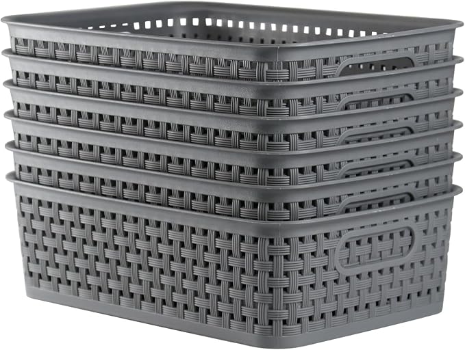 Plastic Storage Baskets - 6 Pack, Gray, Woven Storage Organizer Basket Small Stackable Plastic Weave Baskets, 10.6 x 7.2 x 3.1 inches