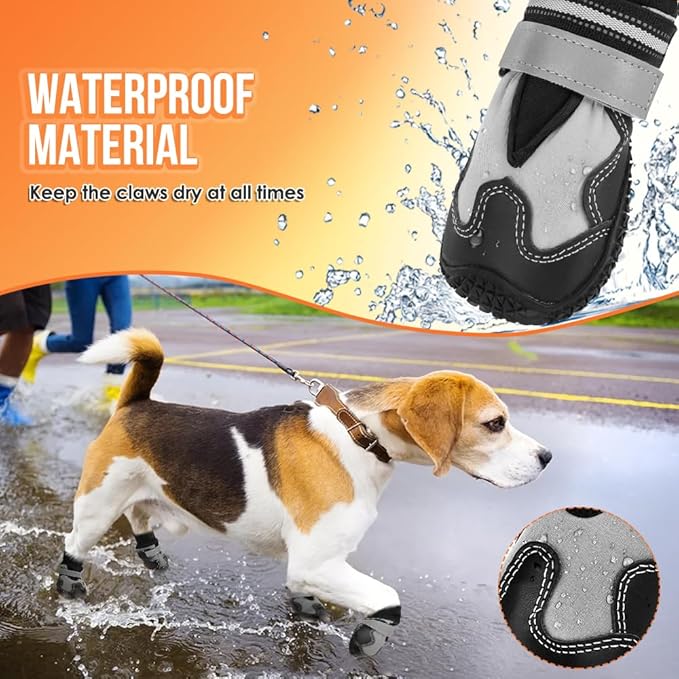 Lukovee Dog Shoes - Waterproof Warm Fleece Lined Dog Booties for Small Medium Large Dogs, Non-Slip Adjustable Dog Boot for Winter Cold Weather (GY,Size 6)