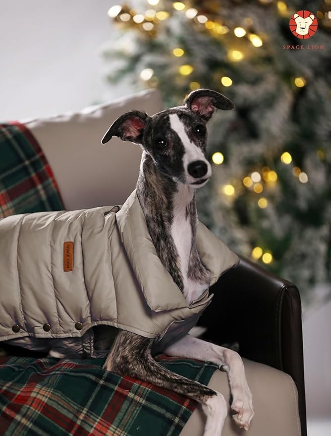 SPACE LION Dog Puffer Jacket, Down Winter Coat, Durable Outdoor Coat for Cold and Windy Conditions, Lightweight & Adjustable Fit Coats for Medium & Large Dogs,(Khaki, Size16/XL)