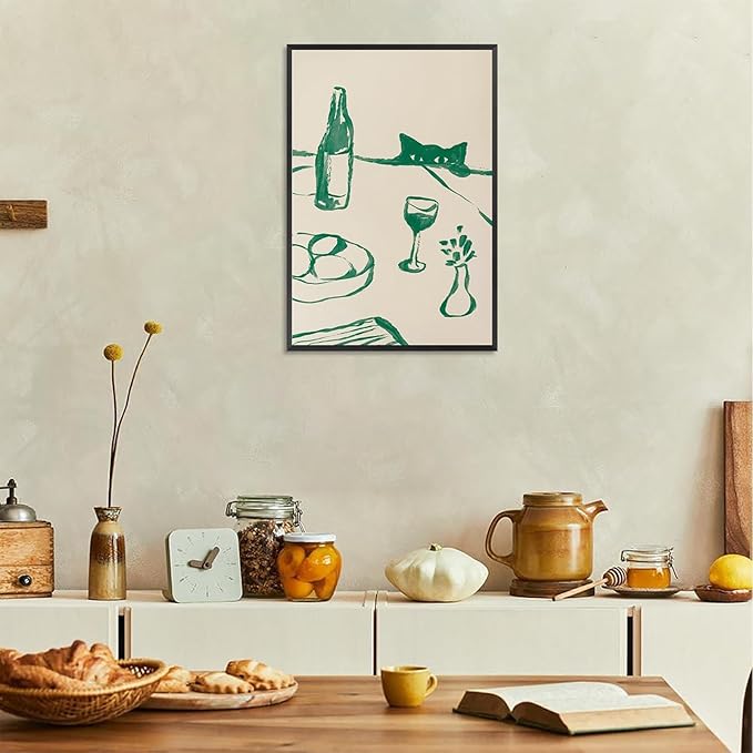 Sneaky Cat Wine Wall Art Funny Kitchen Animal Poster Whimsical Pet Wall Decor Abstract Scandi Dinner Sketch Prints Painting For Living Room Dining Room Wall Decor 8x12in Framed