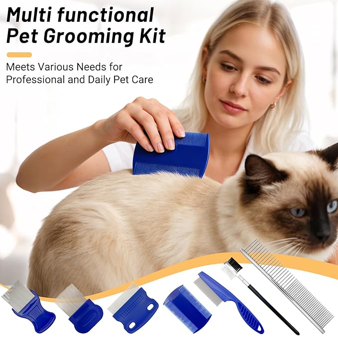 7 Pack Flea Comb Set for Cats and Dogs, Stainless Steel & Plastic Pet Grooming Combs with Dog Eye Comb & Tear Stain Comb, Flea Comb for Small Dogs, Puppy Comb, Tick Comb, Cat Flea Comb Grooming Kit