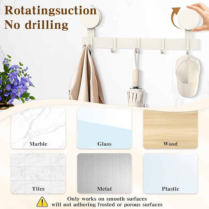 Coat Rack Walls Mount with 5 Hooks, Strong Suction Cup Hooks, Towel Rack No Drill Without Damage Wall Hanging Organizer for Bathrooms, Closets, Kitchen, Entryway(2 Pack, White)