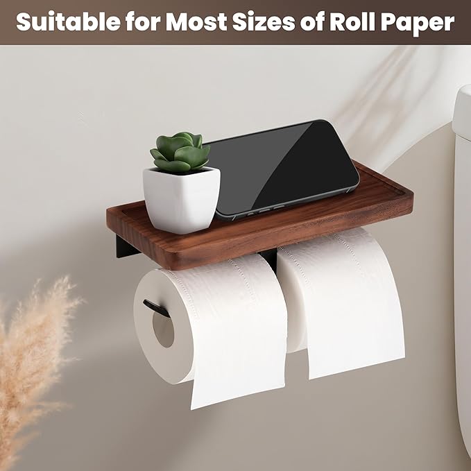 Double Toilet Paper Holder with Walnut Wood Shelf - Wall Mount & Self-Adhesive Bathroom Tissue Roll Holder, Black Stainless Steel with Walnut Shelf for Phone - Home Apartment Restroom