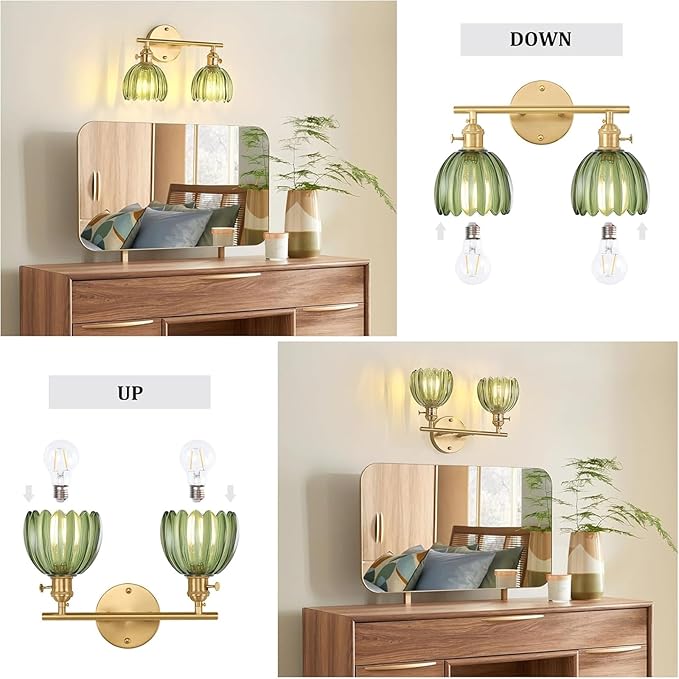 Bathroom Light Fixtures, 2-Light Brass Vanity Wall Light Over Mirror with Green Tulip Glass Shade for Bedroom Living Room (Bulb Not Included)