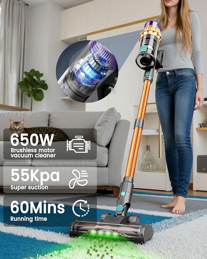 Cordless Vacuum Cleaner 650W 55KPA 60 Mins Vacuum Cleaners for Home, Powerful Stick Vacuum Green Light Anti-Tangle & Sofa Brush, Rechargeable Wireless Vacuum for Pet Hair/Carpet/Hardwood Floor, Gold | cordless stick, handheld, lightweight, rechargeable...