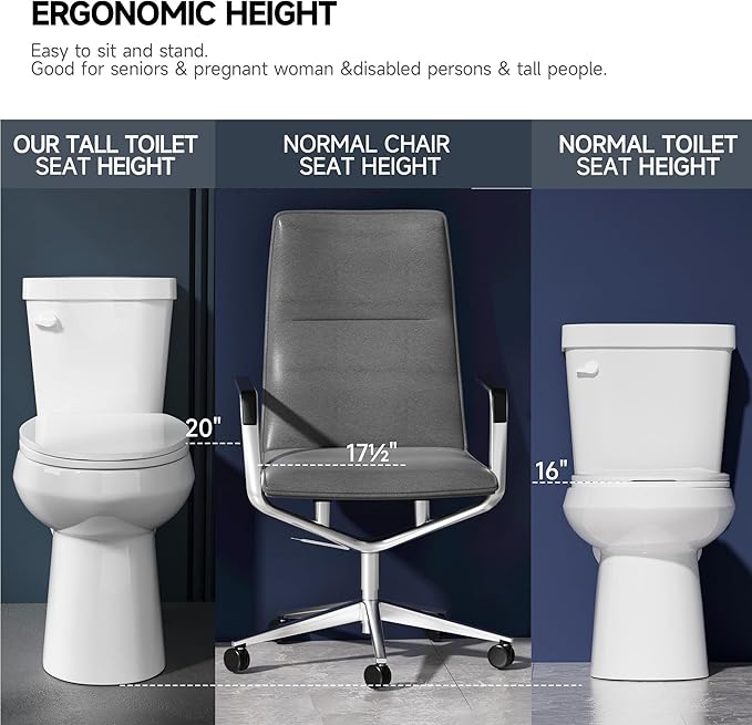 Elongated Tall Toilet 19 Inch for Bathroom 1.28 GPF Tornado Single Flush - Two Piece Comfort ADA High Toilet for Seniors, 19 Inch Bowl Height 20 Inch Seat Height, 12" Rough In, White