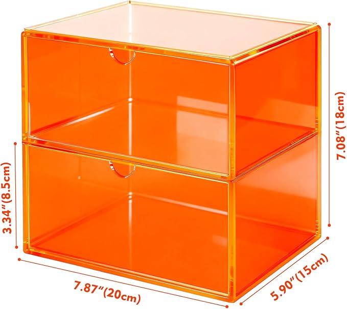 Acrylic Desk Organizer with Drawers Stackable Makeup Organizer for Vanity Office Countertop Cosmetic Display Cases Makeup Storage Box, Neon Orange