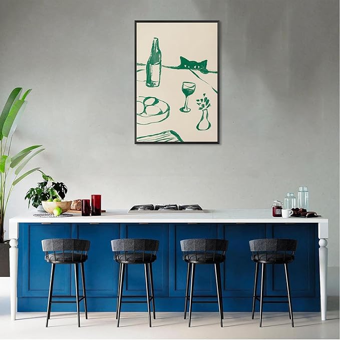 Sneaky Cat Wine Wall Art Funny Kitchen Animal Poster Whimsical Pet Wall Decor Abstract Scandi Dinner Sketch Prints Painting For Living Room Dining Room Wall Decor 8x12in Framed