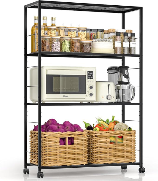 4 Tier Wire Shelving, Rolling Storage Rack with Wheels, Metal Shelving Unit with Adjustable Shelf, Black Shelves for Kitchen, Garage, Pantry & Closet Organizer 32.7" L x 11.8" D x 49.2" H