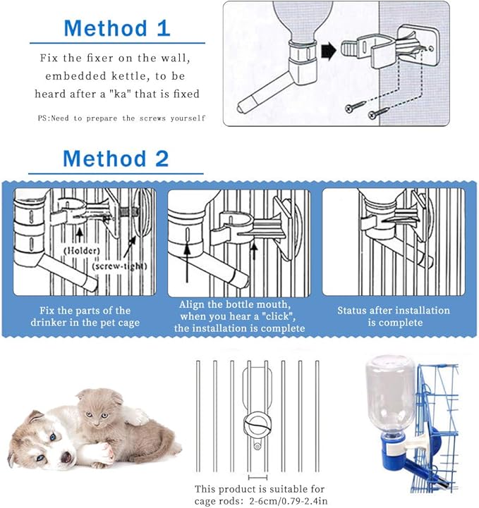 Andiker Dog Water Bottle for Crate, No-drip 350ml Dog Water Dispenser Adjustable and Detachable Installed on The Kennel Cage Water Bottle for Dogs and Puppy Drinking Water