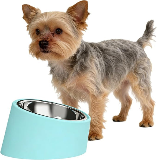 Small Light Blue 15° Slanted Dog Water Bowl - Elevated Raised Pet Dish with Removable Stainless Steel Inner Bowl, Ergonomic Tilt Design for Easy Drinking