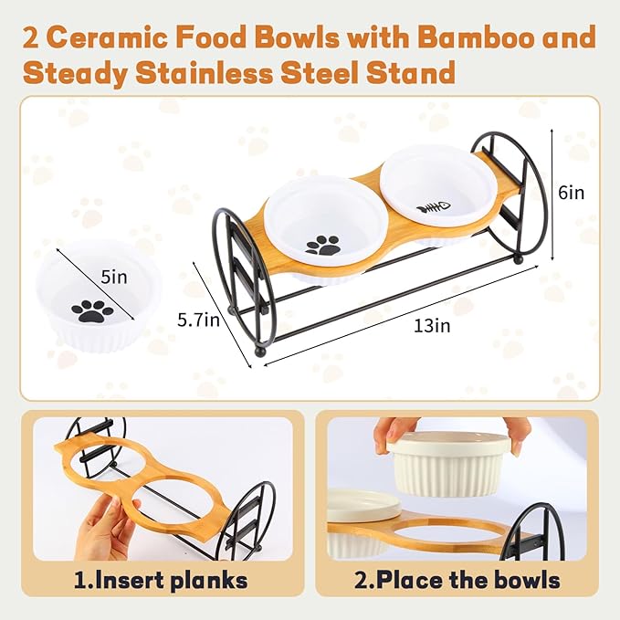 Elevated Adjustable Cat Bowl Set with 2 Dishes for Cats & Small Dogs - Anti-Vomiting,15° Tilted and Rasied Bowls with Non-Slip Design, Food-Grade Ceramic, Easy to Clean