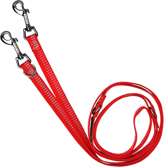 Blue-9 Reflective Multi-Function Dog Leash, Double Attachment Adjustable Lead for Obedience Training and Running, 6 Feet, Made in The USA, Small/Medium, Red
