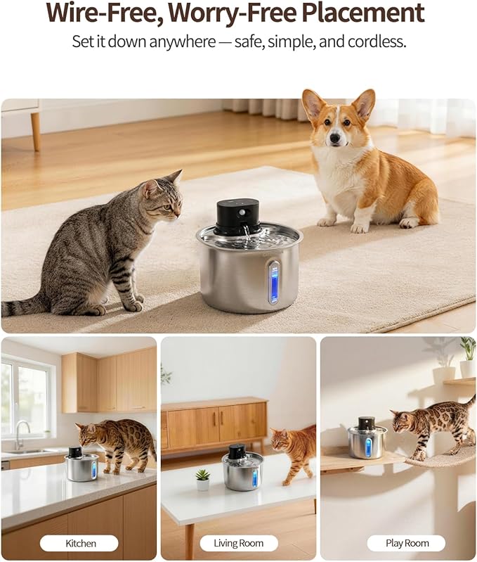 Wireless Cat Water Fountain Cordless Cat Drinking Fountain Stainless Steel, 74oz/2.2L Battery Operated Pet Water Fountain for Cats Indoor with 11 Filters