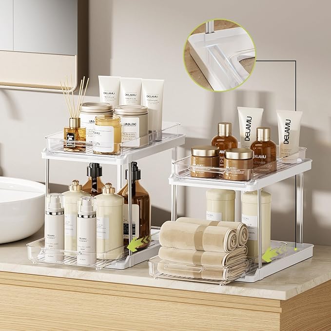 Delamu 2-Tier Bathroom Under Sink Organizers and Storage, Pull Out Cabinet Drawers with Anti-Slip Design & Two Sizes, Multi-Purpose Storage for Kitchen, Pantry, Bathroom & Home Organization, 4 Pack
