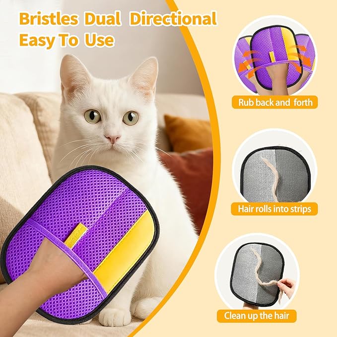 Pet Hair Removal Glove - Reusable Magic Brush Glove for Dog & Cat Hair Removal on Furniture, Car Seats, Clothes & Bedding (Purple)