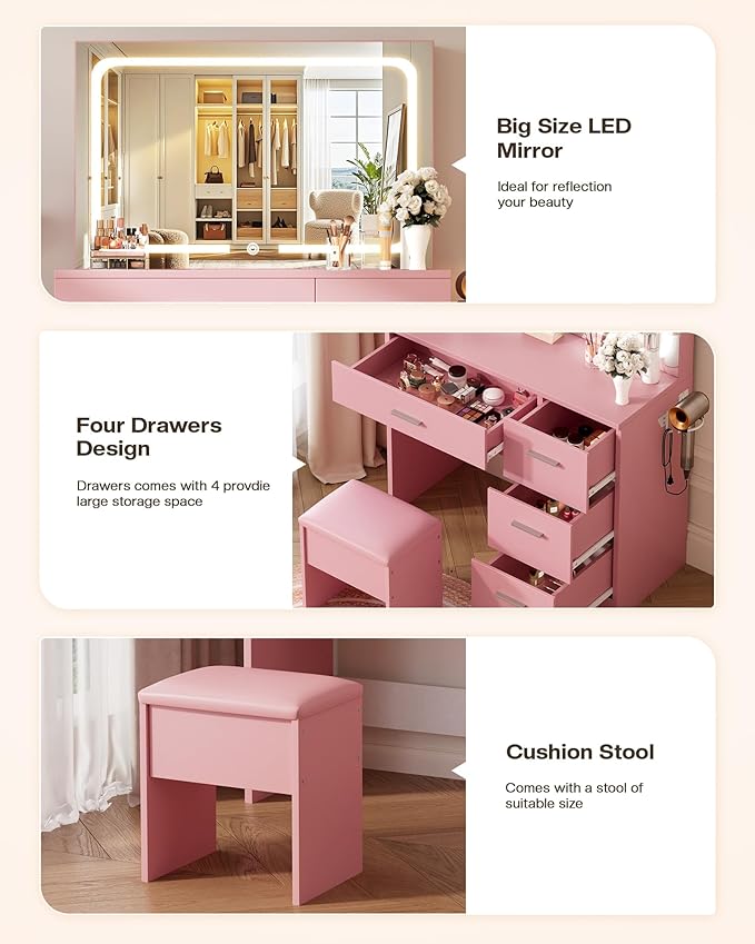 Makeup Vanity Desk Set, Pink, 35.4“W x 15.7" D x 53.9" H (Large Smart LED Mirror, with Cushion Stool, Hairdryer Rack, Power-Outlet, 4 Drawers)